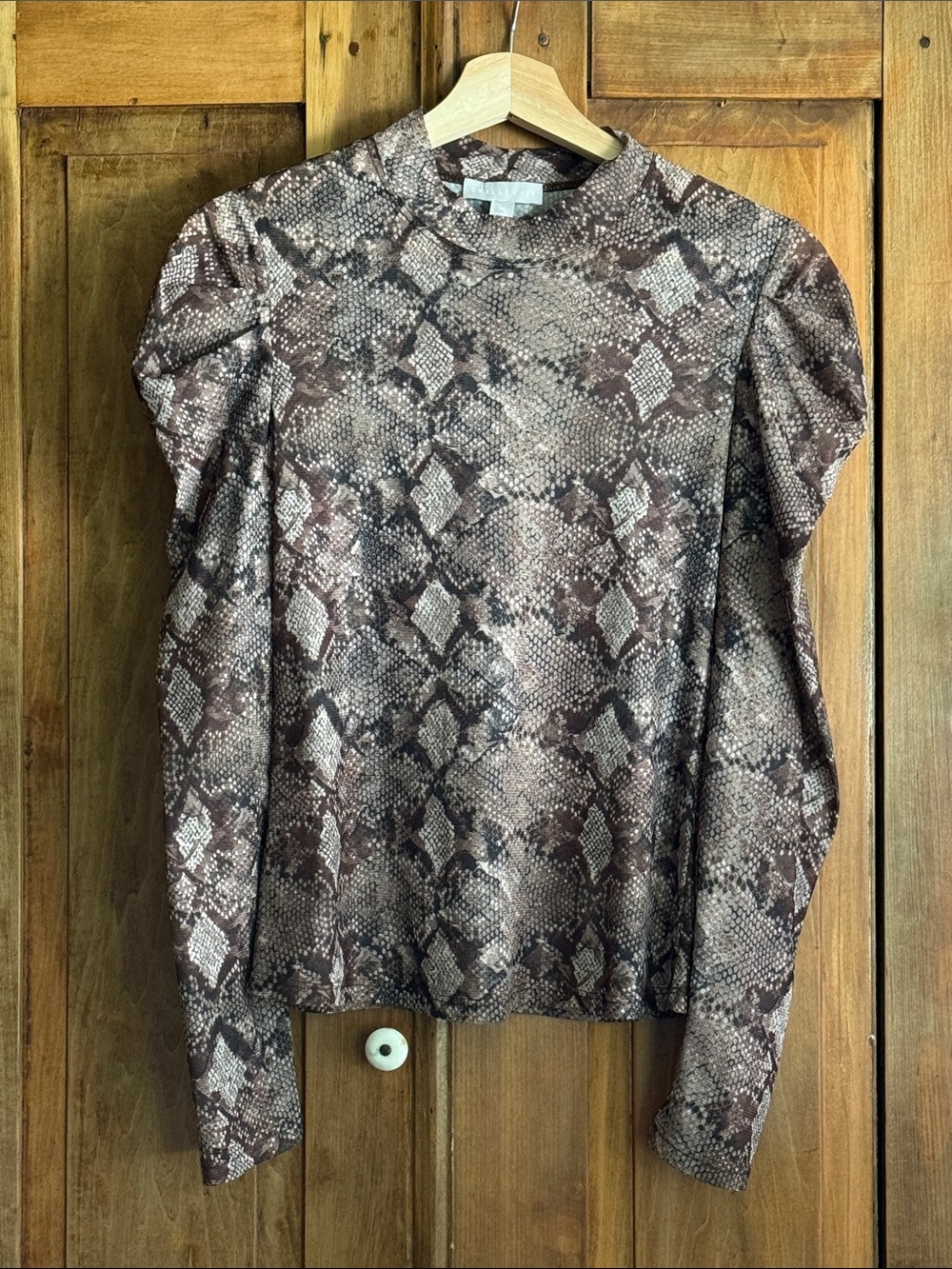 Chelsea28 XS Brown/Black Sheer Snakeskin Puff Sleeve Long-Sleeve Top